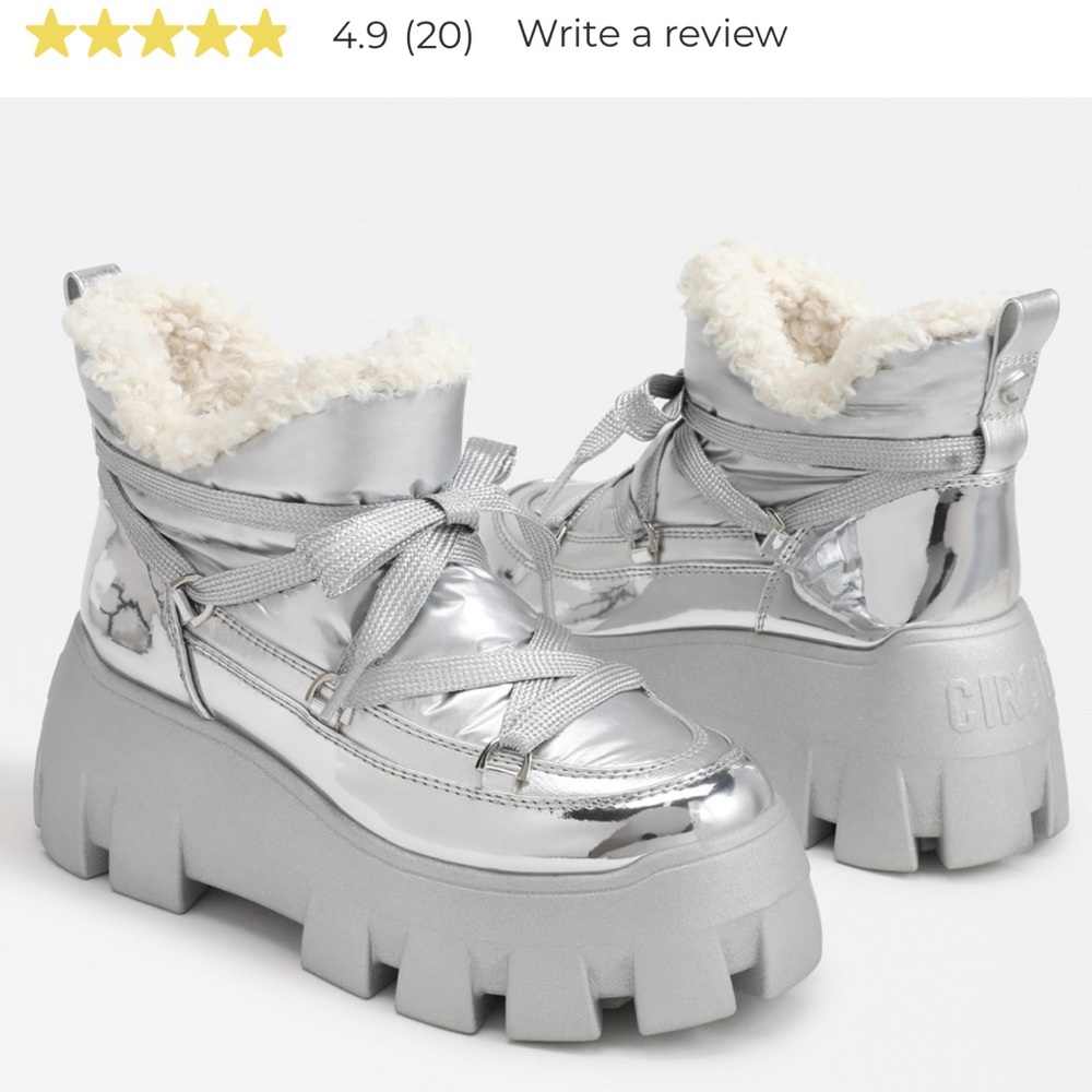 BOOTS, NEW in box, Never worn, soft silver color with shearling trim